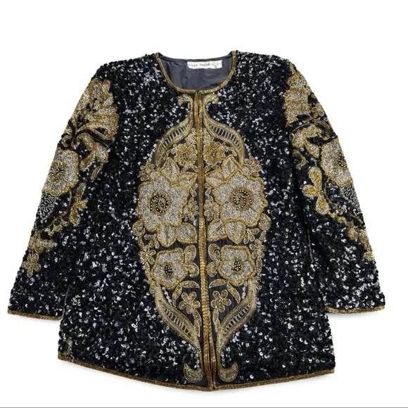 Vintage Night Vogue Black Sequin Silk Jacket Gold Embroidery Formal Sz M - Picture 2 of 10